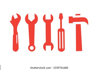 Wrench Spanner Screwdriver And Hammer Line Red Icon On White Background. Red Flat Style Vector Illustration.