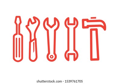 Wrench Spanner Screwdriver And Hammer Line Red Icon On White Background. Red Flat Style Vector Illustration.
