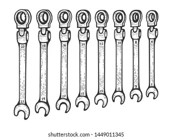 Wrench spanner set sketch engraving vector illustration. Scratch board style imitation. Black and white hand drawn image.
