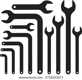 Llave y llave de la silueta del conjunto de herramientas para el concepto de reparación y mantenimiento