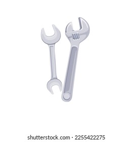 Wrench and spanner vector illustration. Cartoon isolated mechanic chrome tools of maintenance service worker and plumber, combo of metal wrench keys with handles to tighten and screw steel bolts