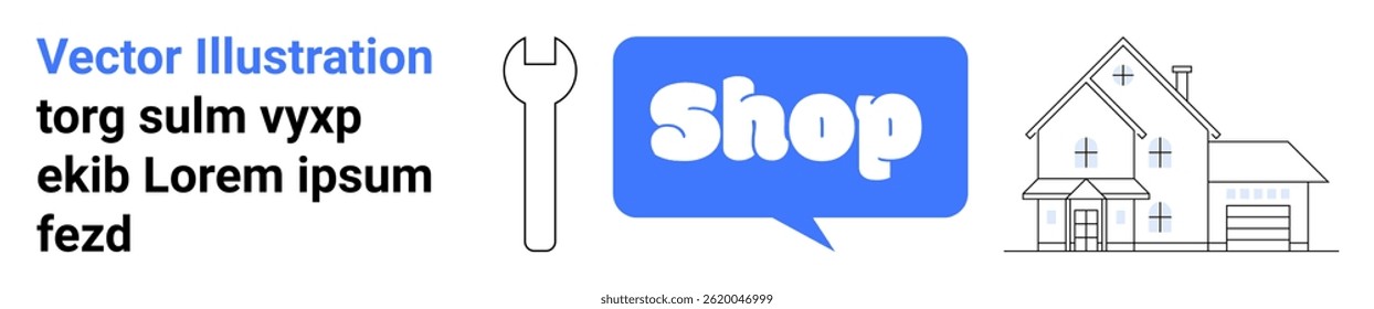 Wrench and speech bubble with shop text next to a house outline. Ideal for home improvement, online stores, construction, tool shops, and real estate. Banner for landing page