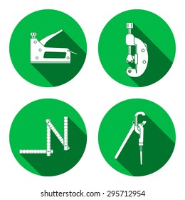 Wrench, stapler, rule, cutter, bolt clamp, adjustable spanner icon. Repair, fix, control, measure, building tool symbol. Round circle flat icon with long shadow. Flat design. Vector