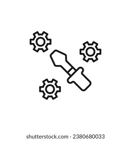 Wrench Surrounded by Gears Isolated Line Icon. Perfect for web sites, apps, UI, internet, shops, stores. Simple image drawn with black thin line