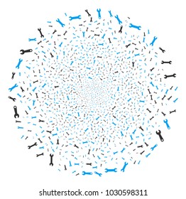 Wrench Symbols festive globula. Object pattern created from scattered wrench symbols pictograms as exploding round shape. Vector illustration style is flat iconic symbols.