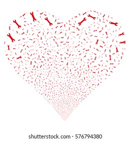 Wrench Symbols fireworks with heart shape. Vector illustration style is flat red iconic symbols on a white background. Object valentine heart done from scattered design elements.