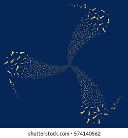 Wrench Symbols fireworks swirl rotation. Vector illustration style is flat yellow iconic symbols on a blue background. Object whirlpool created from random pictograms.