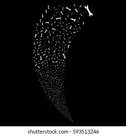 Wrench Symbols random fireworks stream. Vector illustration style is flat white iconic symbols on a black background. Object fountain combined from scattered pictographs.