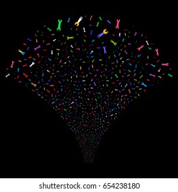 Wrench Symbols salute stream. Vector illustration style is flat bright multicolored iconic symbols on a black background. Object explosion fountain combined from random pictograms.