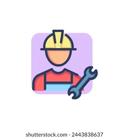 Llave e icono de línea fina de técnico. Constructor, uniforme, señal de esquema de trabajador. Concepto de reparación y mantenimiento. Elemento de símbolo de ilustración vectorial para diseño web y aplicaciones