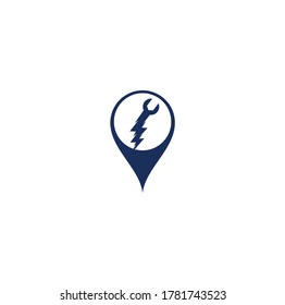 Wrench thunder map pin shape concept logo design. Flash Repair Logo Template Design Vector