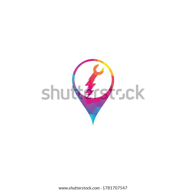 Wrench thunder map pin shape\
concept logo design. Flash Repair Logo Template Design\
Vector