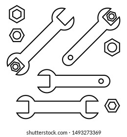 Wrench tighten the nut, wrenches and nuts set, black line icons isolated on white background, vector illustration.