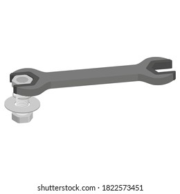 Wrench tightens the bolt onto the nut.Vector isometric and 3D view.
