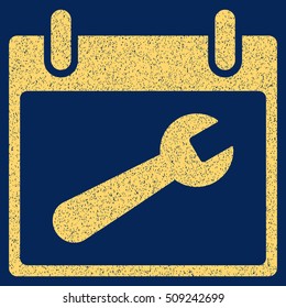 Wrench Tool Calendar Day grainy textured icon for overlay watermark stamps. Flat symbol with dust texture. Dotted vector yellow ink rubber seal stamp with grunge design on a blue background.