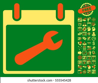 Wrench Tool Calendar Day icon with bonus calendar and time management clip art. Vector illustration style is flat iconic symbols, orange and yellow, green background.