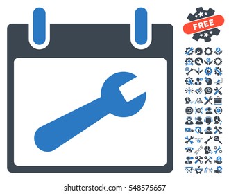 Wrench Tool Calendar Day pictograph with bonus settings design elements. Vector illustration style is flat iconic symbols, smooth blue, white background.
