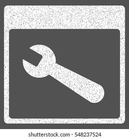 Wrench Tool Calendar Page grainy textured icon for overlay watermark stamps. Flat symbol with unclean texture. Dotted vector white ink rubber seal stamp with grunge design on a gray background.
