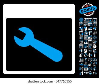 Wrench Tool Calendar Page icon with bonus calendar and time management pictograph collection. Vector illustration style is flat iconic symbols, blue and white, black background.