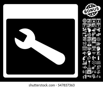 Wrench Tool Calendar Page icon with bonus calendar and time management pictograms. Vector illustration style is flat iconic symbols, white, black background.