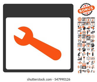 Wrench Tool Calendar Page icon with bonus calendar and time management symbols. Vector illustration style is flat iconic symbols, orange and gray, white background.