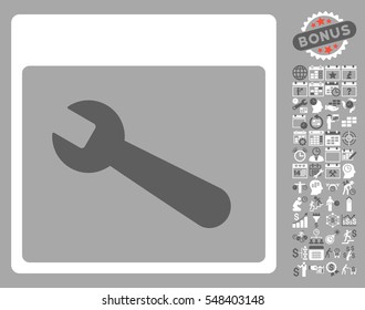 Wrench Tool Calendar Page icon with bonus calendar and time management symbols. Vector illustration style is flat iconic symbols, dark gray and white, silver background.