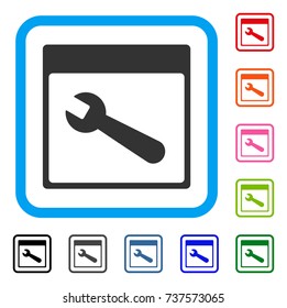 Wrench Tool Calendar Page icon. Flat gray pictogram symbol inside a light blue rounded rectangular frame. Black, gray, green, blue, red, orange color versions of Wrench Tool Calendar Page vector.