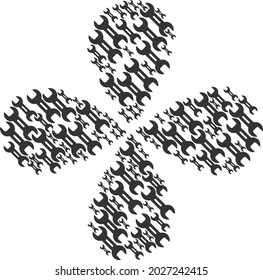 Wrench tool centrifugal spin. Element flower with 4 petals composed from oriented wrench tool symbols. Vector flower collage in flat style.