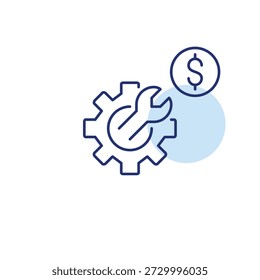 Chave ferramenta, roda dentada e dólar. Pagamento do sistema, custo de reparos. Pixel perfeito, ícone de vetor de traço editável