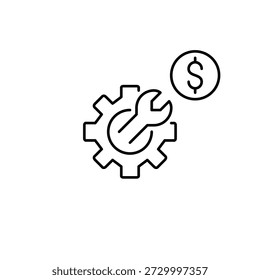 Chave ferramenta, roda dentada e dólar. Pagamento do sistema, custo de reparos. Pixel perfeito, ícone de vetor de traço editável