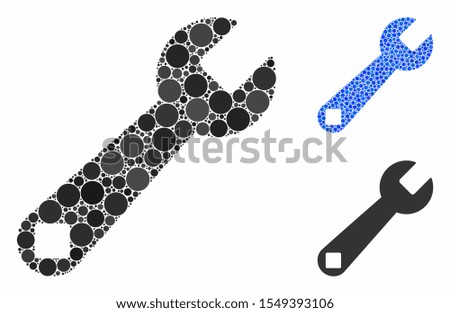 Wrench tool composition of filled circles in various sizes and color tints, based on wrench tool icon. Vector small circles are combined into blue composition.