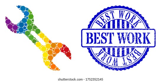 Wrench tool composition icon of round dots in different sizes and rainbow colored color tones. Blue rounded distress seal with Best Work text. A dotted LGBT- colored wrench tool for lesbians, gays,