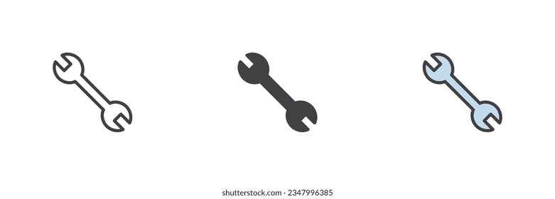 Wrench tool different style icon set. Line, glyph and filled outline colorful version, outline and filled vector sign. Symbol, logo illustration. Vector graphics