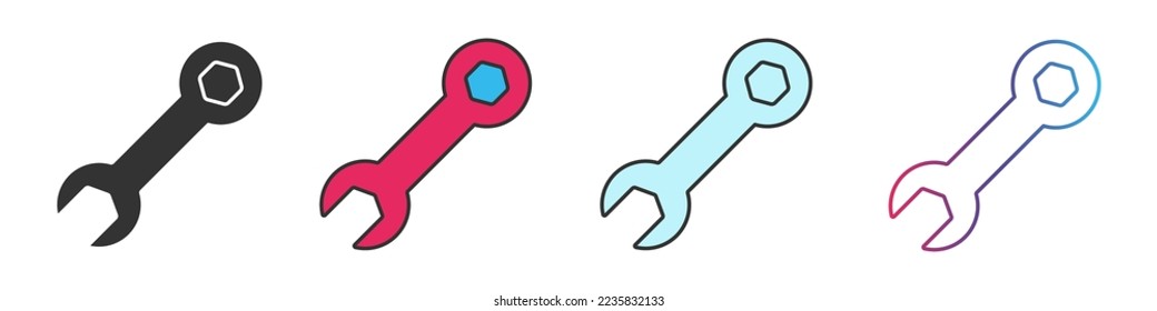 Wrench tool different style icons set. Outline and filled vector sign.
