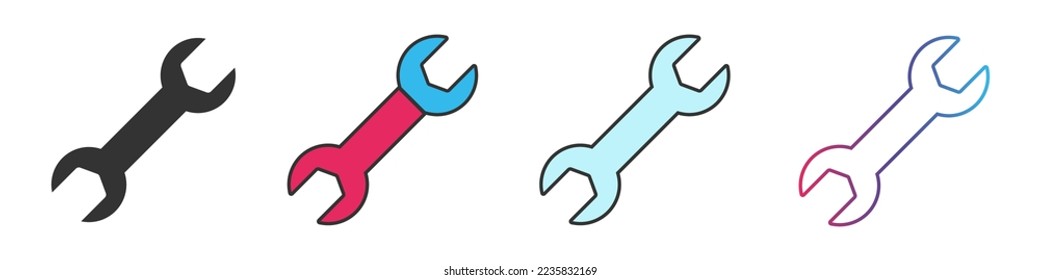 Wrench tool different style icons set. Outline and filled vector sign.
