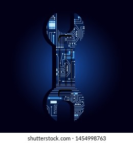 Wrench tool filled with electronic circuit. Blue and light background.
