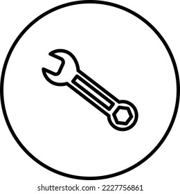 Wrench tool, fixing, mechanical tool, black and white drawing button, vector illustration