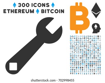 Wrench Tool icon with 300 blockchain, bitcoin, ethereum, smart contract design elements. Vector clip art style is flat iconic symbols.