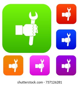 Wrench tool in man hand set icon color in flat style isolated on white. Collection sings vector illustration
