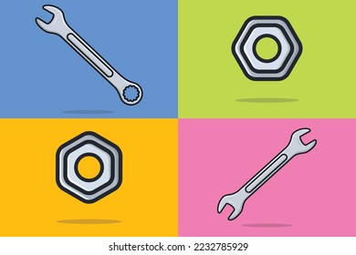 Werkzeug für die Verwendung mit dem Schlüssel, Messenger-Spanner-Schlüssel und Hex Nuts-Werkzeuge, Vektorgrafik. Symbol für mechanische Arbeitselemente Set der Reparatur, Anbinden und Befestigen von Nüssen Werkzeuge Symbole Design.