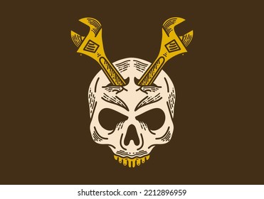 Wrench tool on skull retro vintage line art design