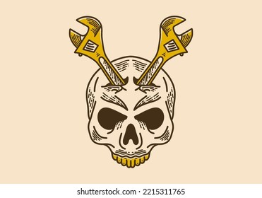 Wrench tool on skull retro vintage line art design