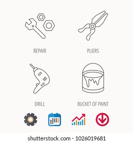 Wrench tool, pliers and drill icons. Bucket of paint linear signs. Calendar, Graph chart and Cogwheel signs. Download colored web icon. Vector