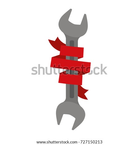 wrench tool with red ribbon around colorful silhouette vector illustration
