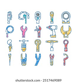 wrench tool spanner repair doodle icons set vector. sketch line art work maintenance, workshop key, mechanic equipment, construction mechanical wrench tool spanner repair color illustrations