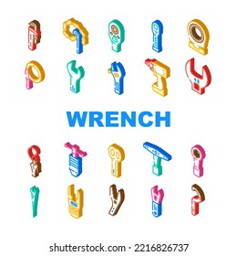 wrench tool spanner repair icons set vector. work maintenance, workshop key, mechanic equipment, construction mechanical wrench tool spanner repair isometric sign illustrations