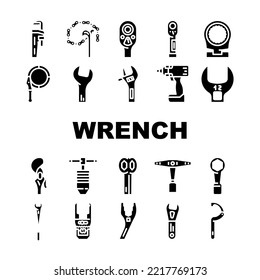wrench tool spanner repair icons set vector. work maintenance, workshop key, mechanic equipment, construction mechanical wrench tool spanner repair glyph pictogram Illustrations