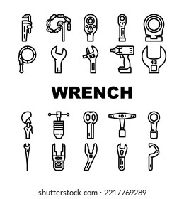 wrench tool spanner repair icons set vector. work maintenance, workshop key, mechanic equipment, construction mechanical wrench tool spanner repair black contour illustrations