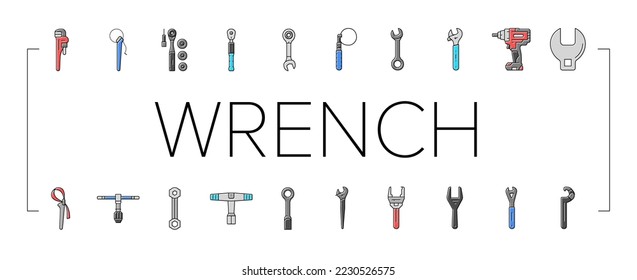 wrench tool spanner repair icons set vector. work maintenance, workshop key, mechanic equipment, construction mechanical hardware wrench tool spanner repair color line illustrations