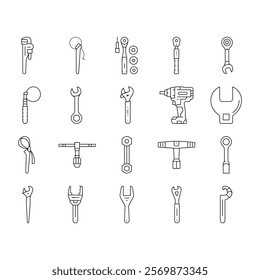 wrench tool spanner repair icons set vector. work maintenance, workshop key, mechanic equipment, construction mechanical hardware wrench tool spanner repair black contour illustrations